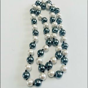 Vintage Long Faux Pearl Necklace, EUC, White and Silver